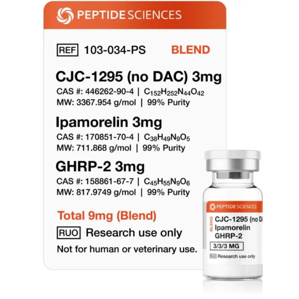 CJC-1295 (no DAC), Ipamorelin, GHRP-2 9mg (Blend) - Peptide Sciences 1 CJC-1295 (no DAC), Ipamorelin, GHRP-2 9mg (Blend) - Peptide Sciences