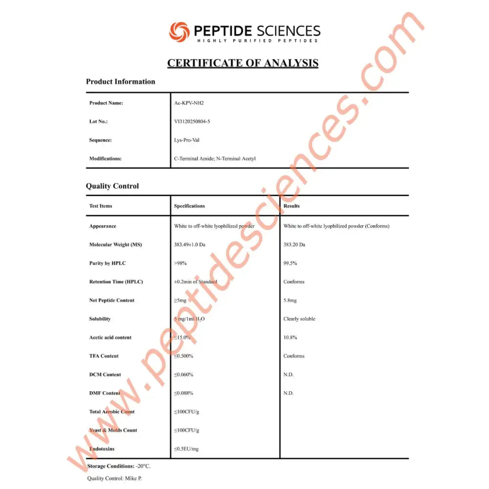 KPV (Ac-KPV-NH2) 5mg - Peptide Sciences 3 KPV (Ac-KPV-NH2) 5mg - Peptide Sciences - Image 3