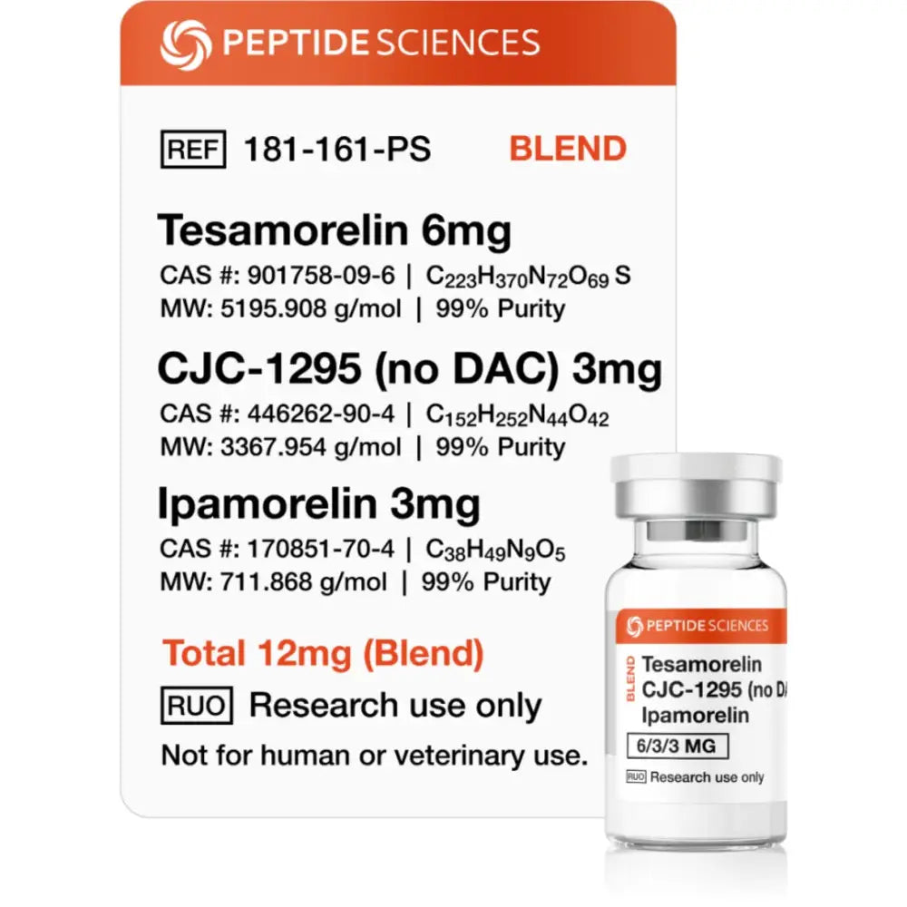 Tesamorelin, CJC-1295 (no DAC), Ipamorelin 12mg (Blend) - Peptide Sciences 1 Tesamorelin, CJC-1295 (no DAC), Ipamorelin 12mg (Blend) - Peptide Sciences